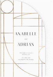 Klick: Details zu Hochzeitseinladung "Geometric Art" anzeigen Hochzeitseinladung Geometric Art mittlere Bogen-Wickelfalzkarte weiss im glamourösen Art-Deco-Stil