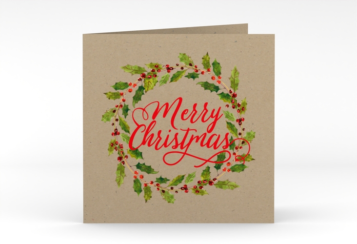 Weihnachtskarte Weihnachtskranz quadr. Klappkarte Kraftpapier hochglanz mit Kranz aus Stechpalme
