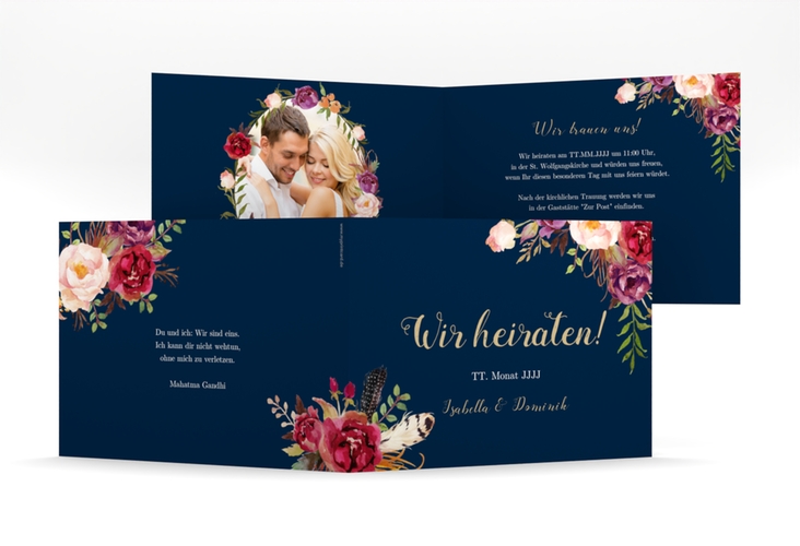 Hochzeitseinladung Flowers mittlere Klappkarte quer blau hochglanz mit bunten Aquarell-Blumen