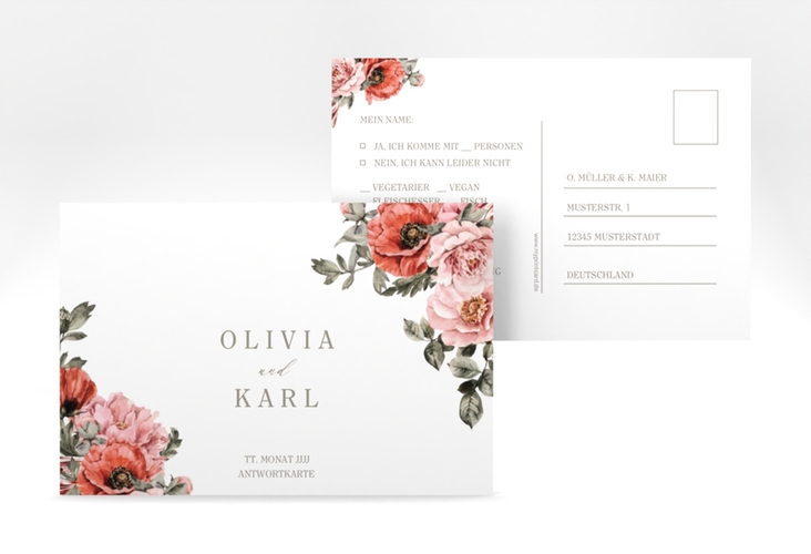 Antwortkarte Grazioso A6 Postkarte weiss modern mit Mohnblumen und Rosen