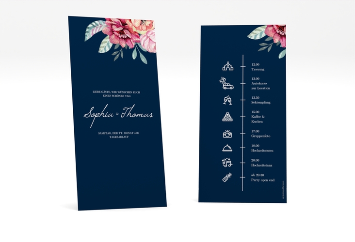 Tagesablauf Hochzeit Blooming lange Karte hoch blau