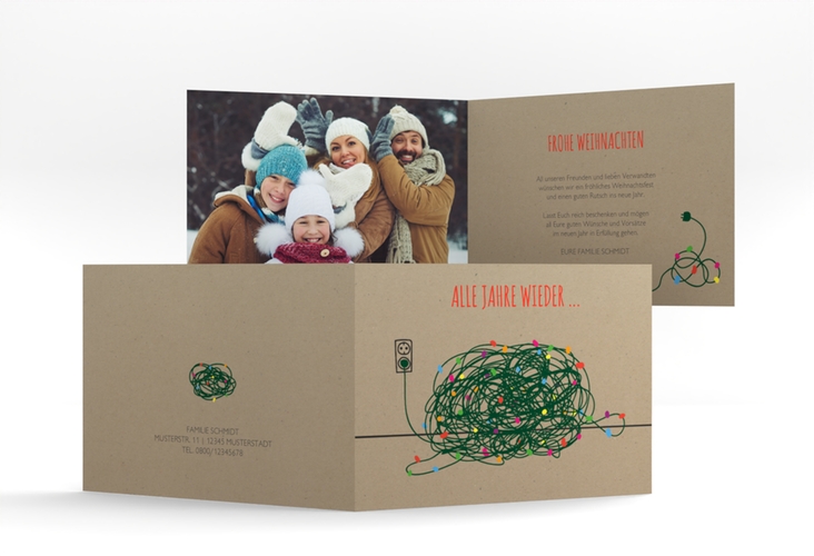 Weihnachtskarte Lichterkette A6 Klappkarte quer Kraftpapier ausgefallen mit lustigem Motiv