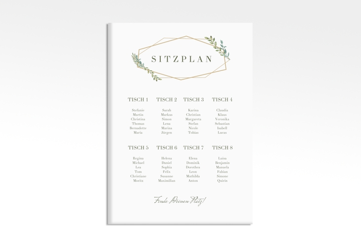 Sitzplan Leinwand Hochzeit Herbarium 50 x 70 cm Leinwand gold mit geometrischem Rahmen und Blätter-Dekor
