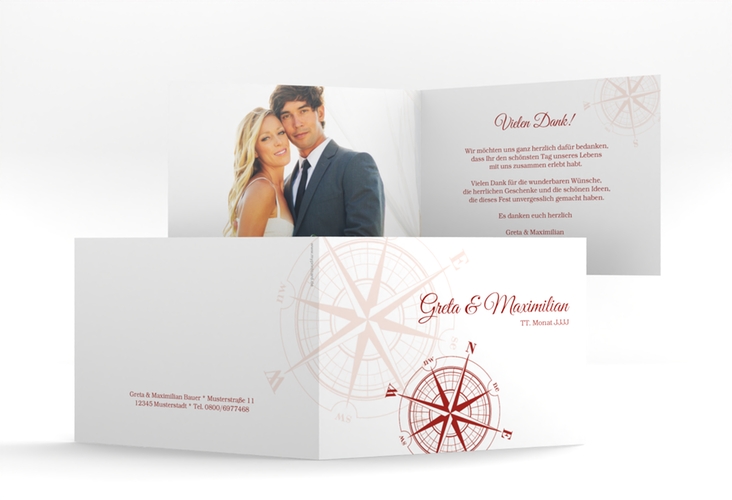 Dankeskarte Hochzeit Windrose A6 Klappkarte quer rot hochglanz