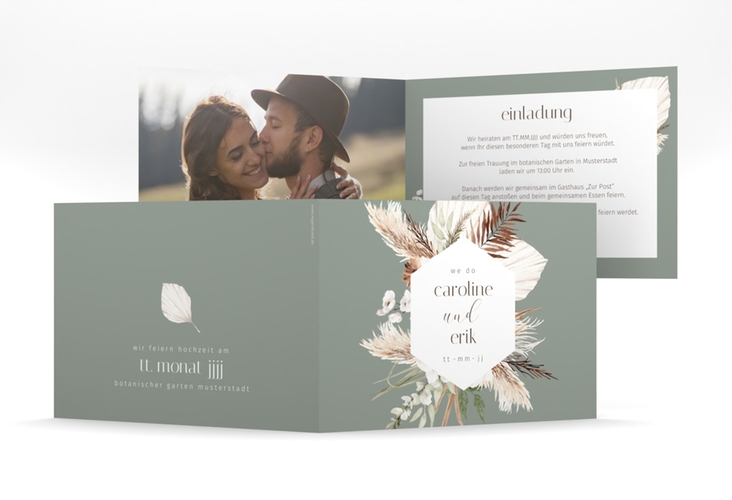 Hochzeitseinladung Bohemian mittlere Klappkarte quer gruen