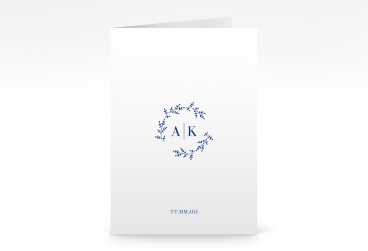 Danksagungskarte Hochzeit Filigrana A6 Klappkarte hoch blau in reduziertem Design mit Initialen und zartem Blätterkranz