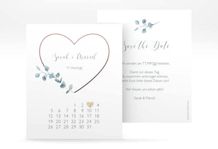 Save the Date-Kalenderblatt Greenheart Kalenderblatt-Karte rosa hochglanz mit elegantem Herz und Eukalyptus-Zweig