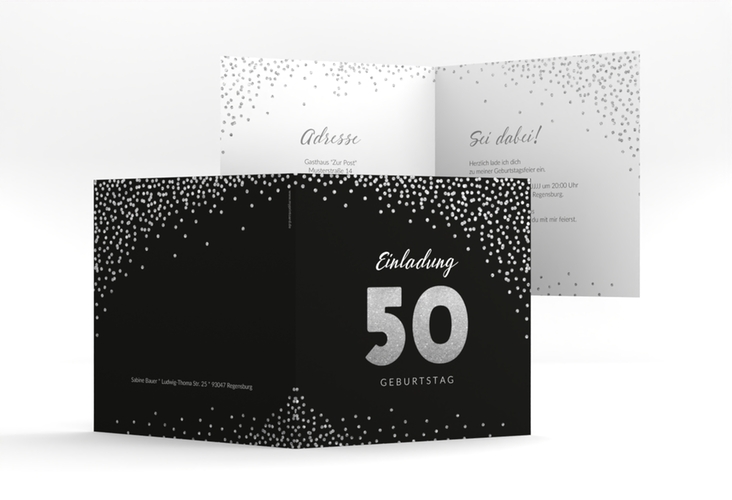 Einladung 50. Geburtstag Glitzer quadr. Klappkarte grau