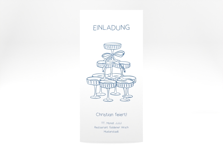 Einladung Geburtstag Sektpyramide lange Karte hoch mit einfacher Illustration in Dunkelblau