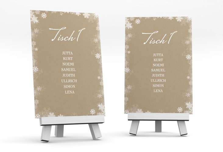 Tischaufsteller Hochzeit Snowfall Tischaufsteller Kraftpapier hochglanz mit Schneeflocken für Winterhochzeit