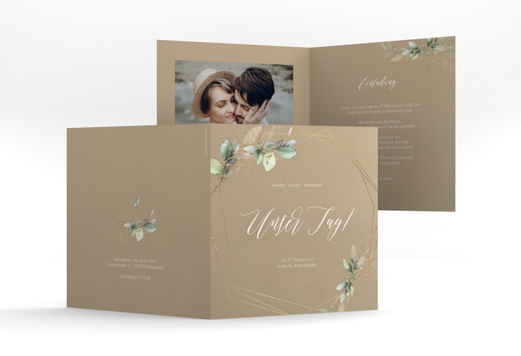 Hochzeitseinladung Greenish quadr. Klappkarte Kraftpapier hochglanz