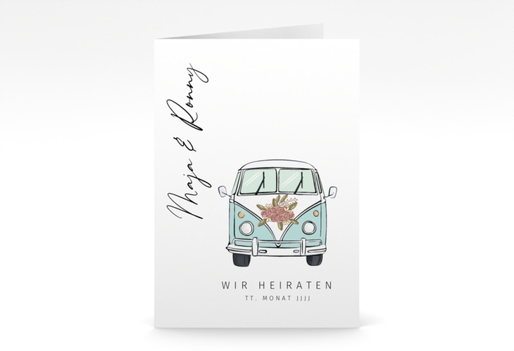 Einladungskarte Hochzeit Hochzeitsbulli A6 Klappkarte hoch blau mit Gräsern und Trockenblumen für Boho-Hochzeit