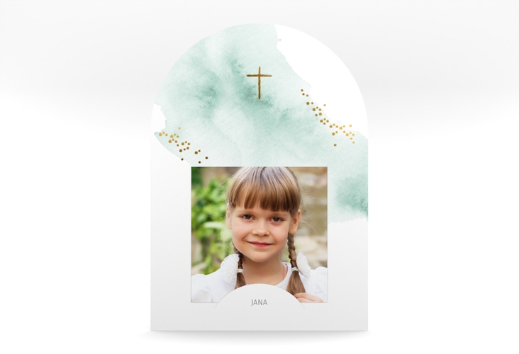 Einladung Kommunion Sakrament mittlere Bogen-Karte + Foto mint in elegantem Aquarell-Look