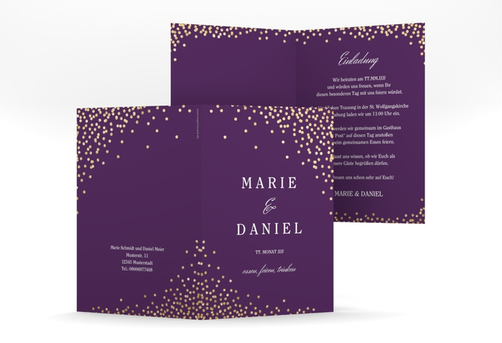 Einladungskarte Hochzeit Glitter A6 Klappkarte hoch lila hochglanz
