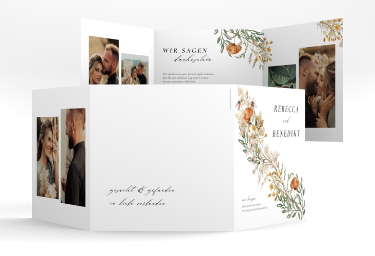 Danksagungskarte Hochzeit Wildfang quadr. Doppel-Klappkarte weiss mit getrockneten Wiesenblumen