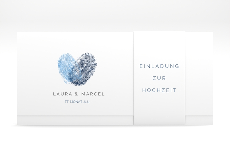Hochzeitseinladung Fingerprint Wickelfalzkarte + Banderole blau hochglanz schlicht mit Fingerabdruck-Motiv