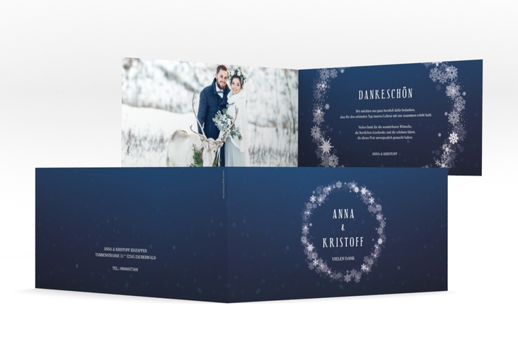 Dankeskarte Hochzeit Winterdream lange Klappkarte quer hochglanz mit Eisblumen