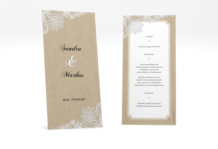 Menükarte Hochzeit Lace lange Karte hoch beige in Leinen-Optik mit weißer Spitze