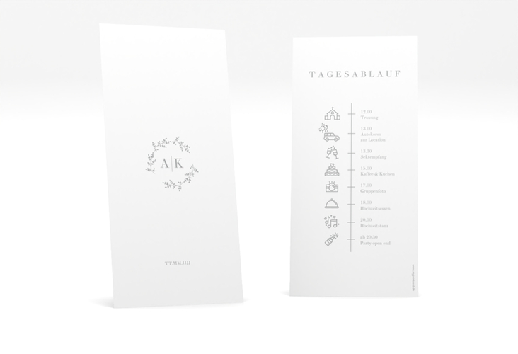 Tagesablauf Hochzeit Filigrana lange Karte hoch grau in reduziertem Design mit Initialen und zartem Blätterkranz