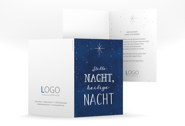 Business-Weihnachtskarte Weihnachtszeit A6 Klappkarte hoch blau mit Stern am Nachthimmel