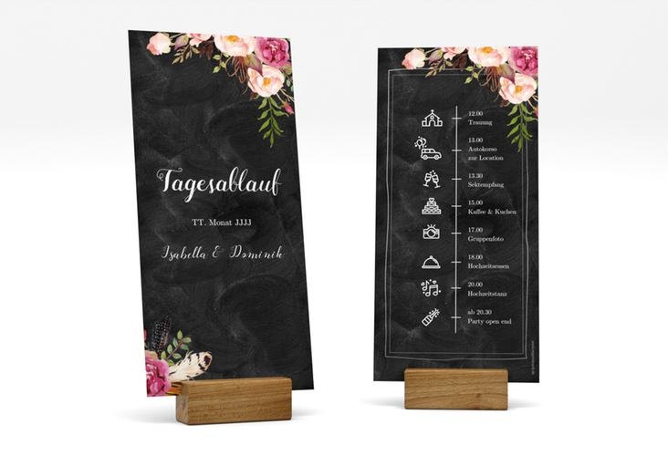 Tagesablauf Hochzeit Flowers lange Karte hoch schwarz mit bunten Aquarell-Blumen
