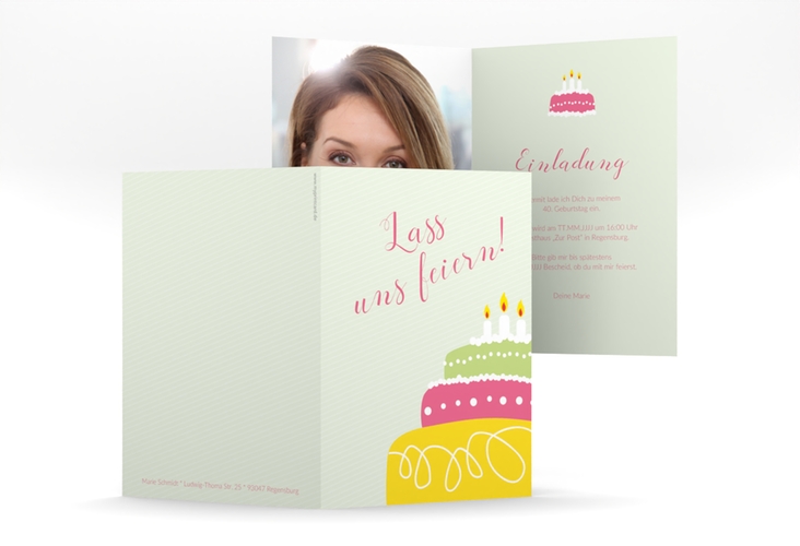 Einladung 40. Geburtstag Cake A6 Klappkarte hoch gruen