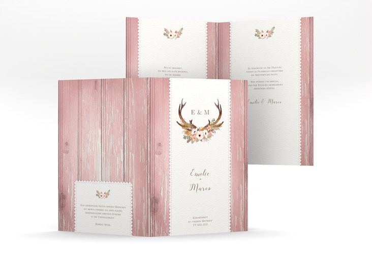 Kirchenheft Hochzeit Heimatjuwel A5 Klappkarte hoch rosa hochglanz mit Hirschgeweih und Holz-Hintergrund