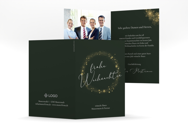 Business-Weihnachtskarte Glitzerkranz A6 Klappkarte hoch mit Kranz aus Eiskristallen und eleganter Aufschrift frohe Weihnachten