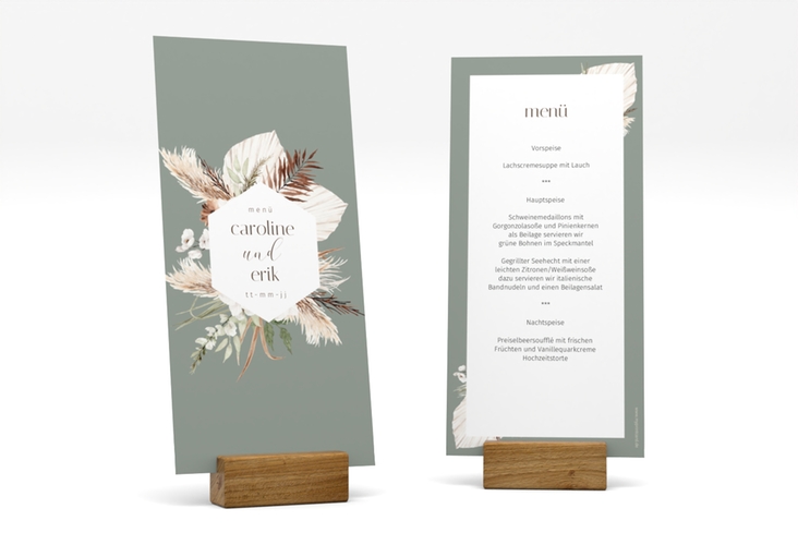 Menükarte Hochzeit Bohemian lange Karte hoch gruen hochglanz