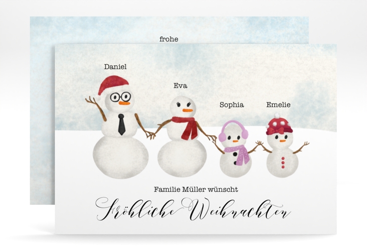 Weihnachtskarte Schneemann Familie A6 Karte quer rosa für Weihnachtsgrüße mit Familienfoto