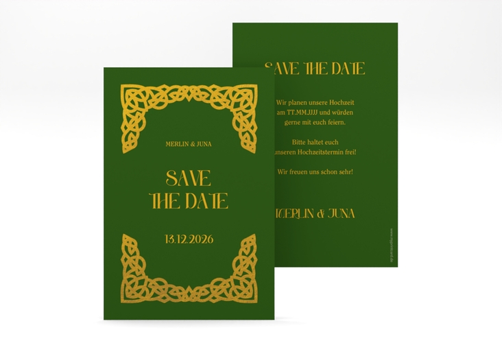 Save the Date-Karte Celtic A6 Karte hoch gruen hochglanz mit keltischem Knoten in irischen Farben