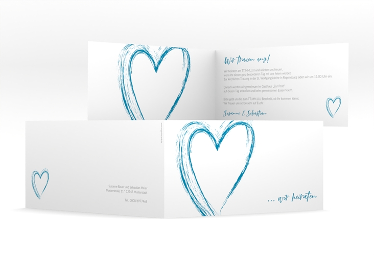 Hochzeitseinladung Liebe lange Klappkarte quer tuerkis hochglanz
