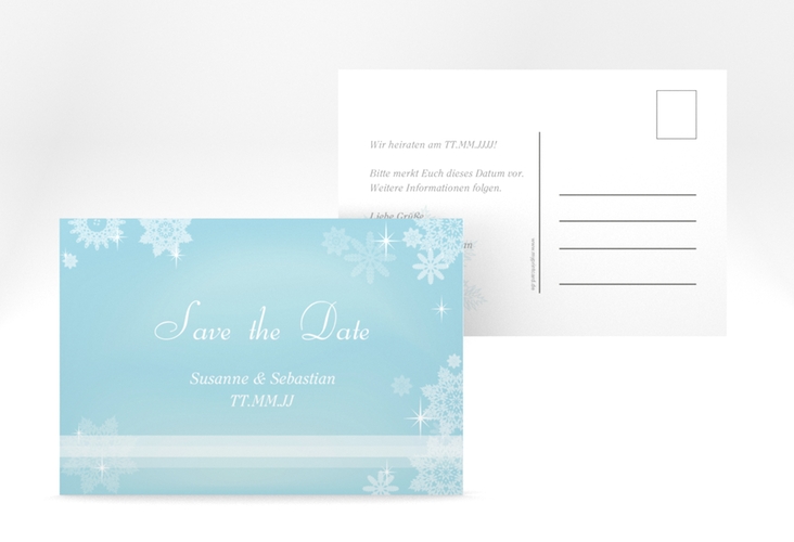 Save the Date-Postkarte Meran A6 Postkarte hochglanz in Hellblau mit Schneeflocken