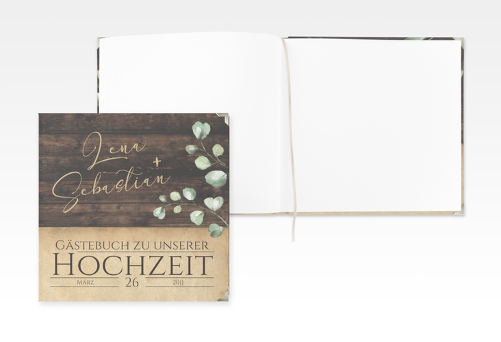 Gästebuch Selection Hochzeit Landhaus Leinen-Hardcover braun in Holz-Optik mit Eukalyptus