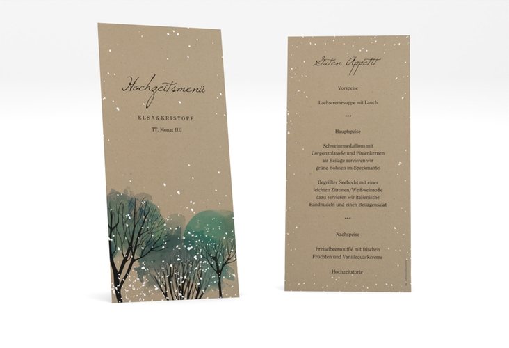 Menükarte Hochzeit Winterhochzeit lange Karte hoch Kraftpapier hochglanz