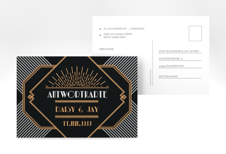 Antwortkarte Hochzeit Gatsby A6 Postkarte schwarz im 20er-Jahre-Stil