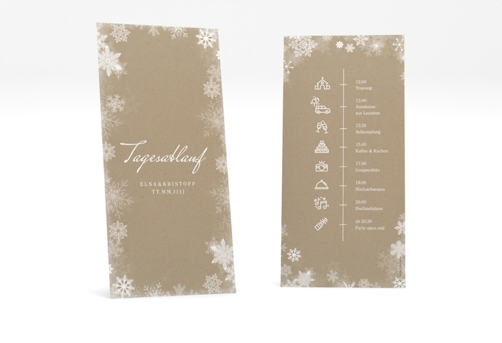 Tagesablauf Hochzeit Snowfall lange Karte hoch mit Schneeflocken für Winterhochzeit