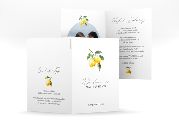 Einladungskarte Hochzeit Zitronen A6 Klappkarte hoch weiss für mediterrane Zitrushochzeit