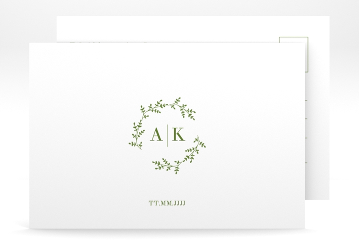 Antwortkarte Hochzeit Filigrana A6 Postkarte gruen hochglanz in reduziertem Design mit Initialen und zartem Blätterkranz