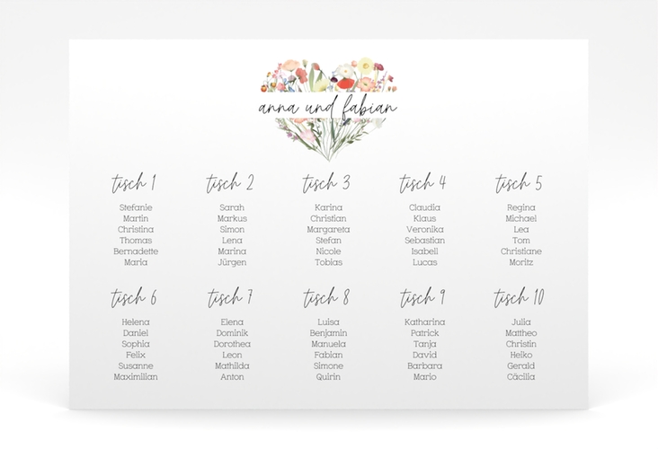 Sitzplan Poster Hochzeit Wildblumenherz 70 x 50 cm Poster
