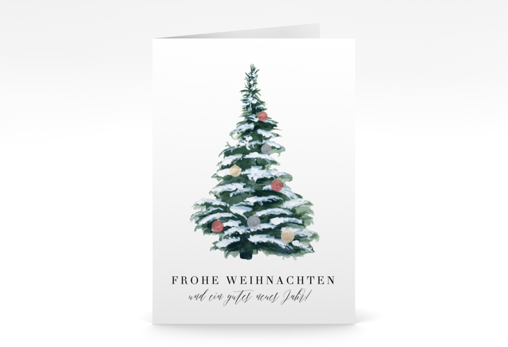 Geschäftliche Weihnachtskarte Wintertanne A6 Klappkarte hoch gruen hochglanz mit dekoriertem Tannenbaum voll Schnee