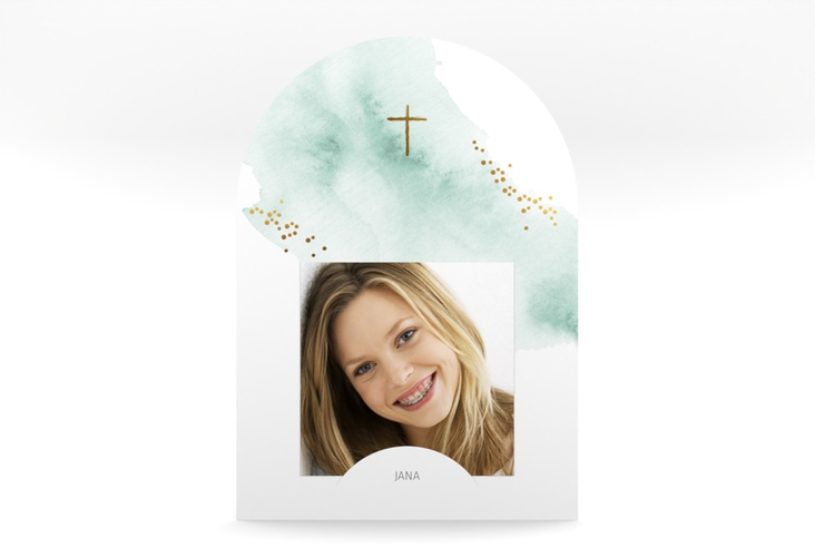 Konfirmationseinladung Sacrament mittlere Bogen-Karte + Foto mint in elegantem Aquarell-Look