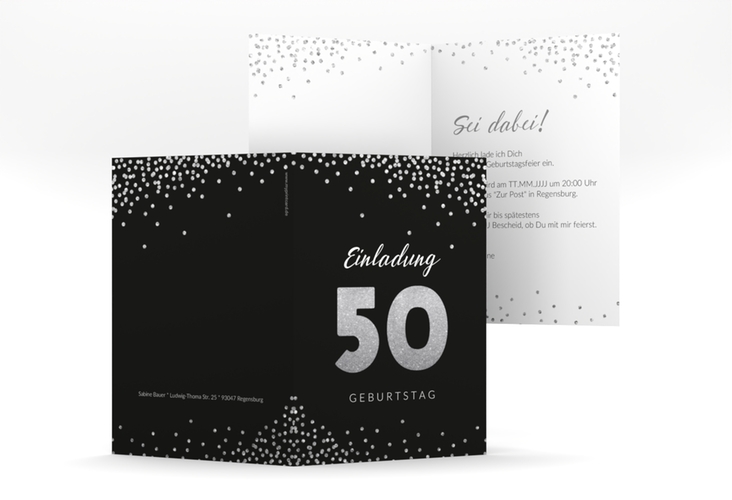 Einladung 50. Geburtstag Glitzer A6 Klappkarte hoch grau