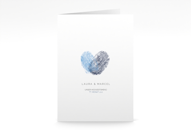 Menükarte Hochzeit Fingerprint A5 Klappkarte hoch blau schlicht mit Fingerabdruck-Motiv