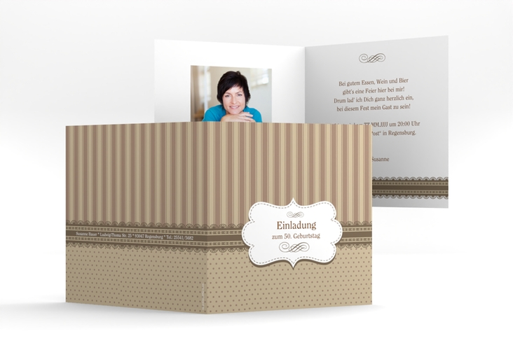 Einladung 50. Geburtstag Heinrich/Henriette quadr. Klappkarte braun mit frechen Polka Dots