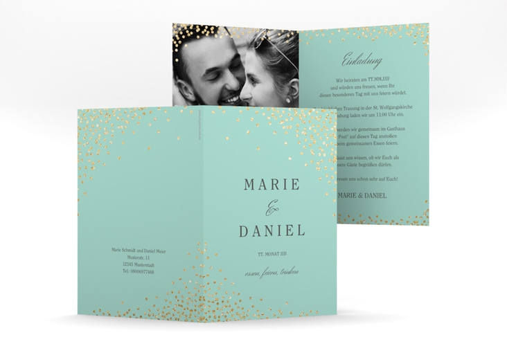 Einladungskarte Hochzeit Glitter A6 Klappkarte hoch mint hochglanz