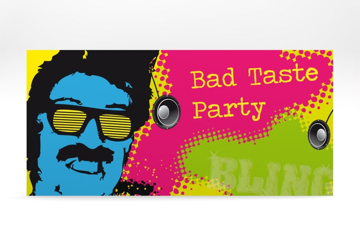 Einladungskarte Party Bad Taste lange Karte quer in schrillen Farben mit Schnauzbart-Träger