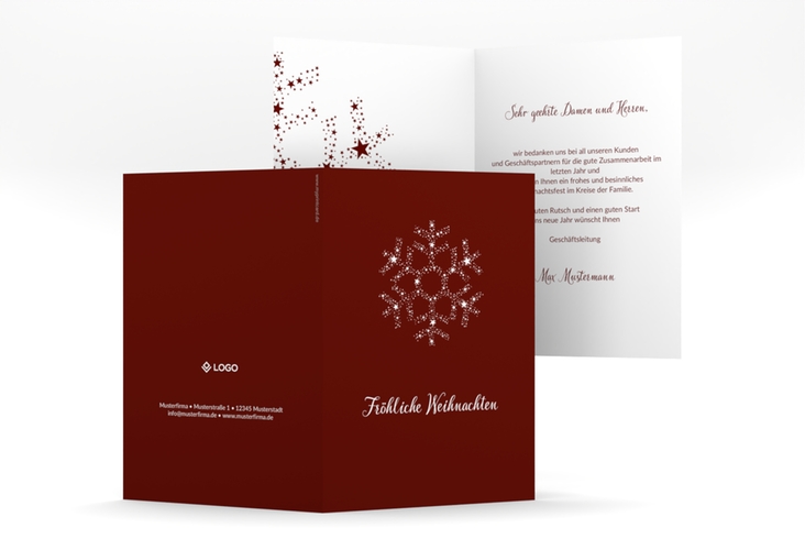 Business-Weihnachtskarte Sternflocke A6 Klappkarte hoch rot hochglanz mit Schneeflocke aus weißen Sternen