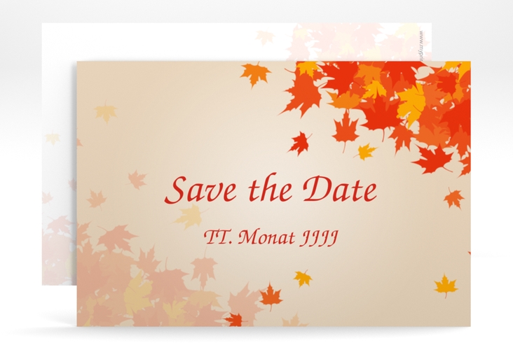 Save the Date-Karte Hochzeit Zwiesel A6 Karte quer hochglanz mit Herbstlaub in Orange und Beige