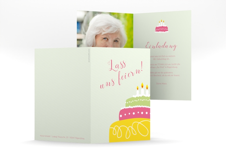 Einladung 80. Geburtstag Cake A6 Klappkarte hoch gruen